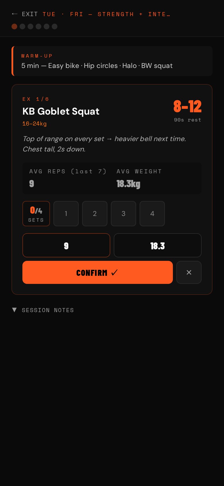 Set logging screen with reps and weight